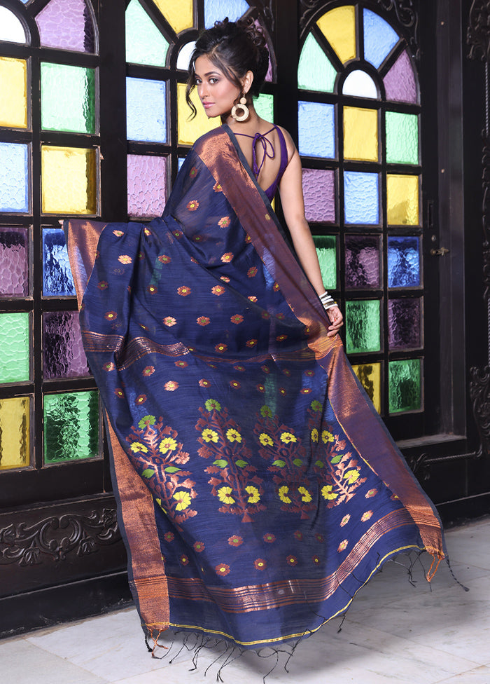 Navy Blue Pure Cotton Saree With Blouse Piece