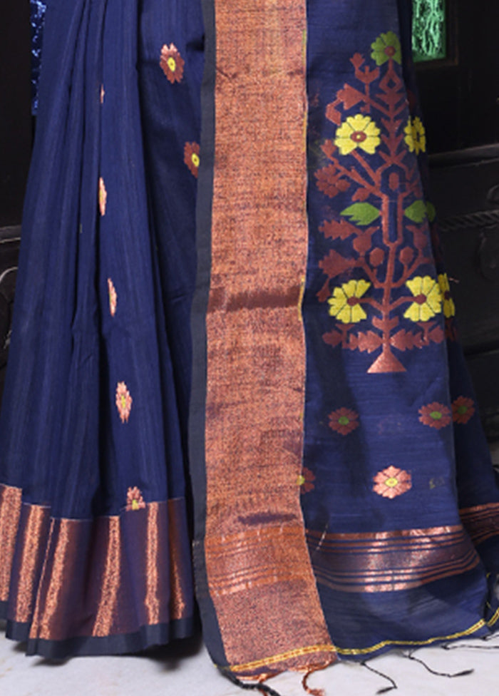 Navy Blue Pure Cotton Saree With Blouse Piece