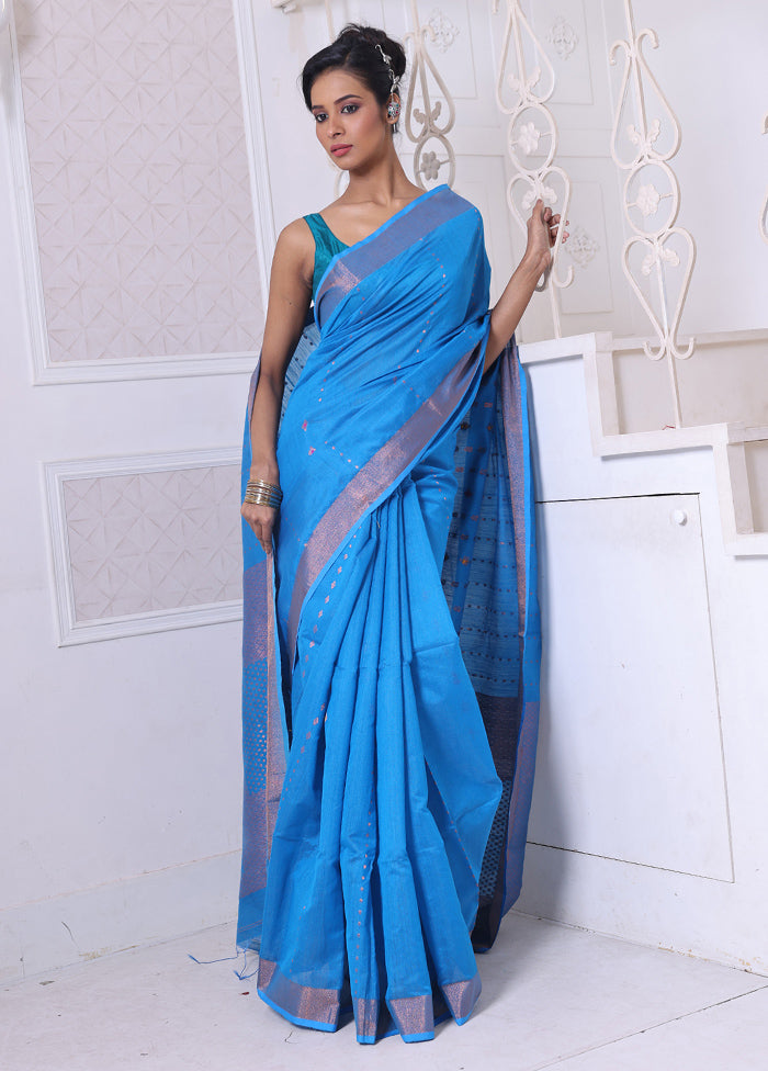 Sky Blue Pure Cotton Saree With Blouse Piece