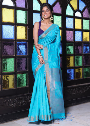 Sky Blue Pure Cotton Saree With Blouse Piece