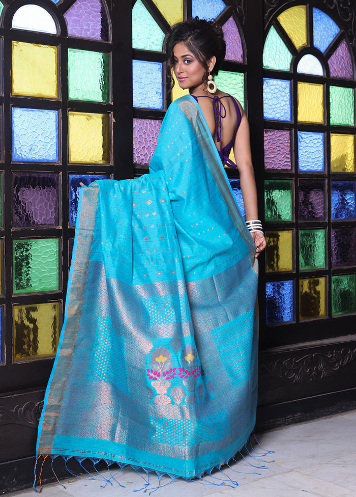 Sky Blue Pure Cotton Saree With Blouse Piece