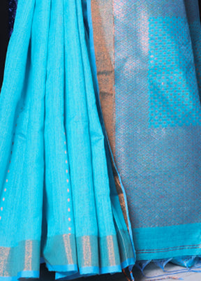 Sky Blue Pure Cotton Saree With Blouse Piece