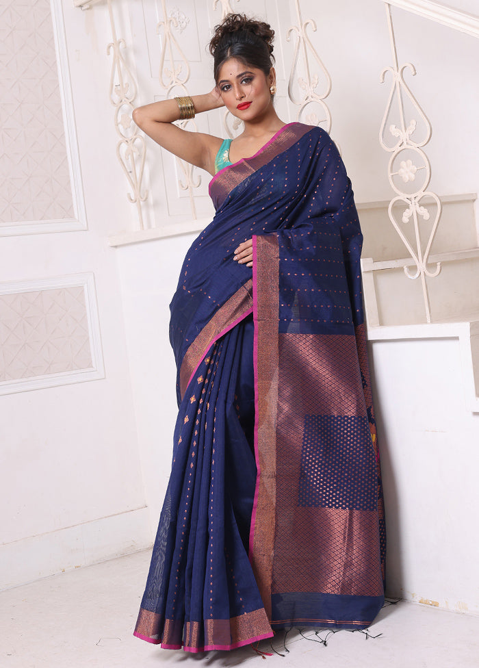 Navy Blue Pure Cotton Saree With Blouse Piece