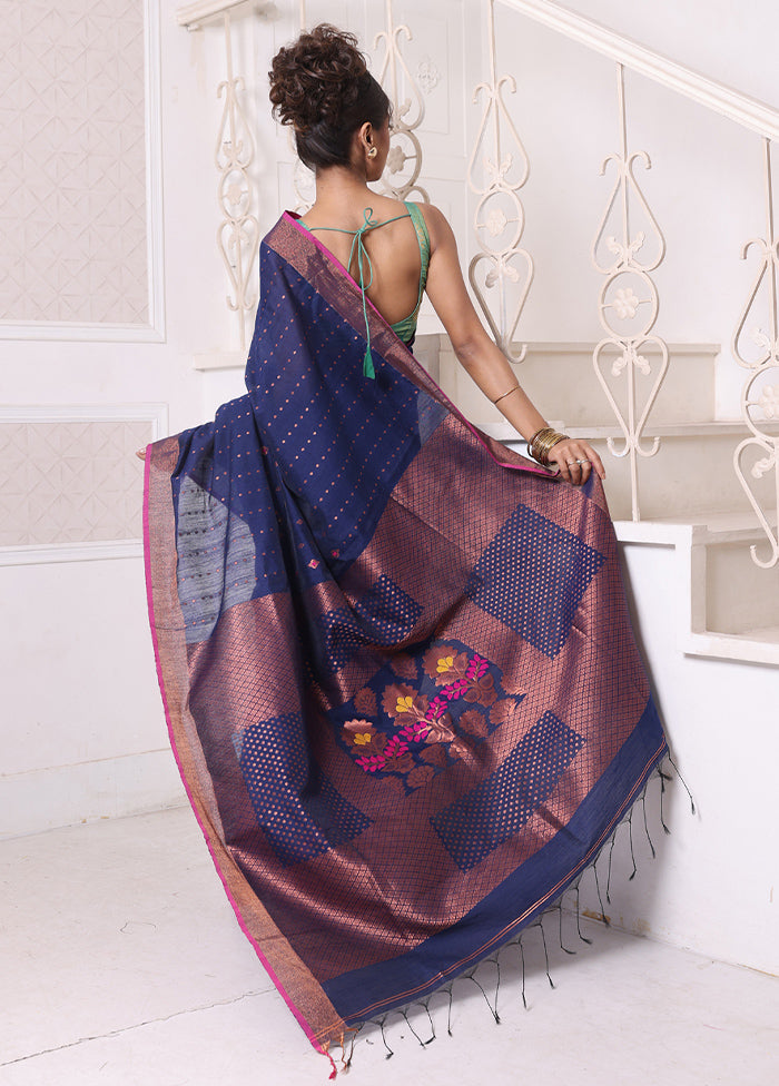 Navy Blue Pure Cotton Saree With Blouse Piece