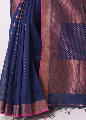 Navy Blue Pure Cotton Saree With Blouse Piece