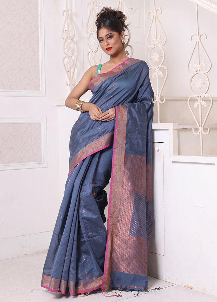 Grey Pure Cotton Saree With Blouse Piece