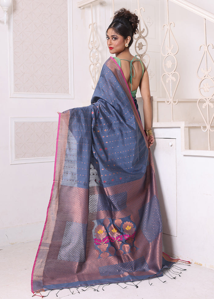 Grey Pure Cotton Saree With Blouse Piece