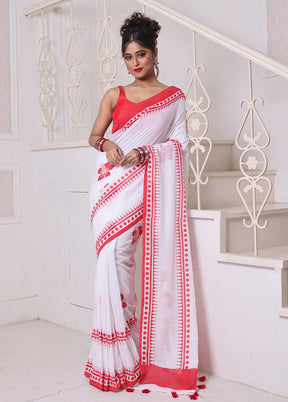 White Cotton Hibiscus Print Saree Without Blouse Piece