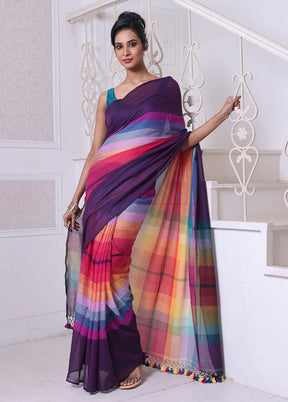 Violet Cotton Colorblock Saree Without Blouse Piece