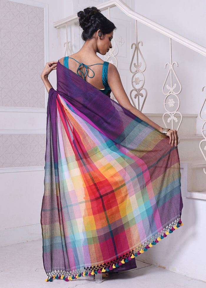 Violet Cotton Colorblock Saree Without Blouse Piece