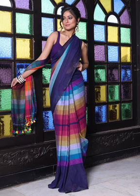 Navy Blue Cotton Colorblock Saree Without Blouse Piece