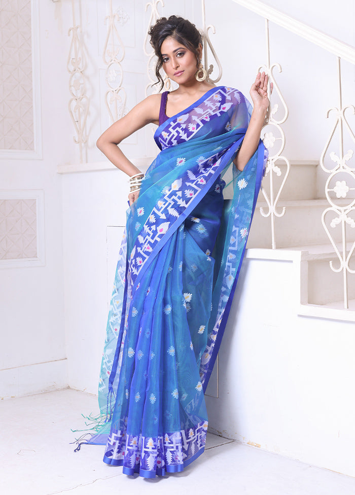 Sky Blue Spun Silk Saree With Blouse Piece