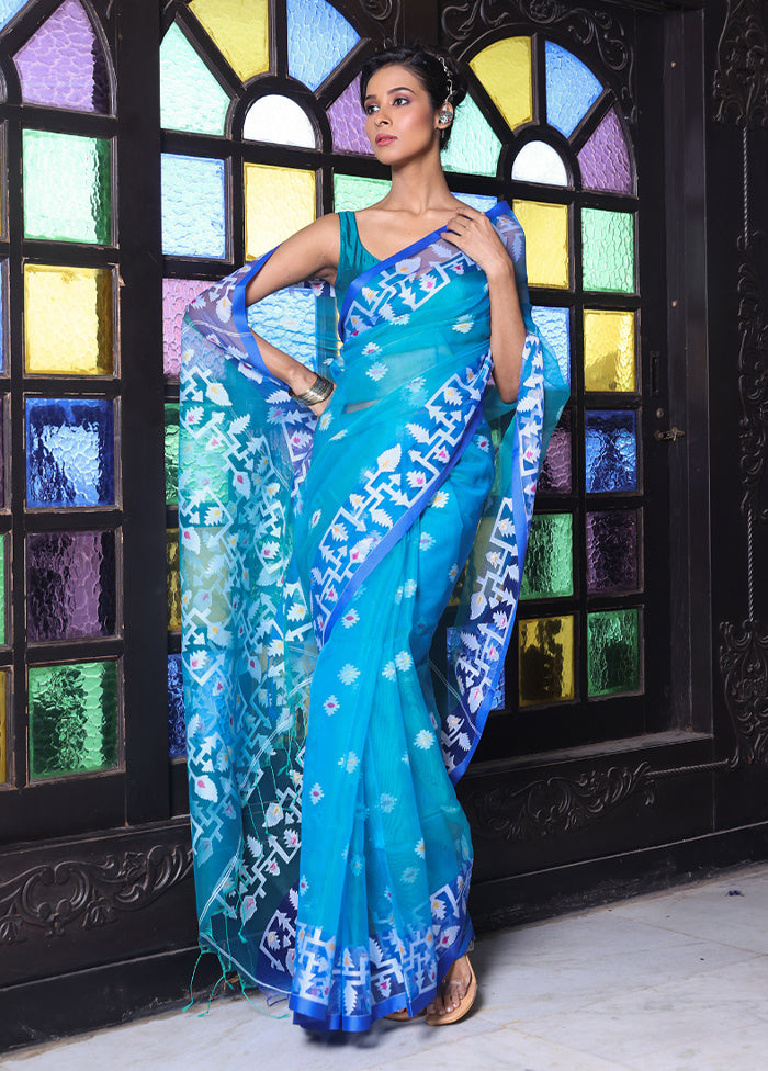 Turquoise Spun Silk Saree With Blouse Piece