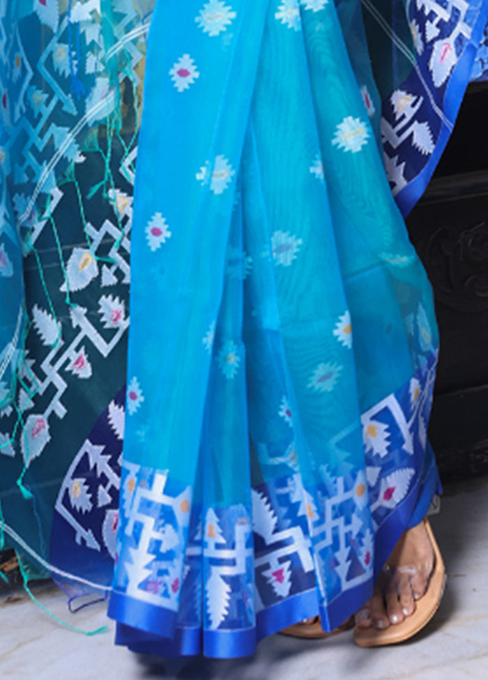 Turquoise Spun Silk Saree With Blouse Piece