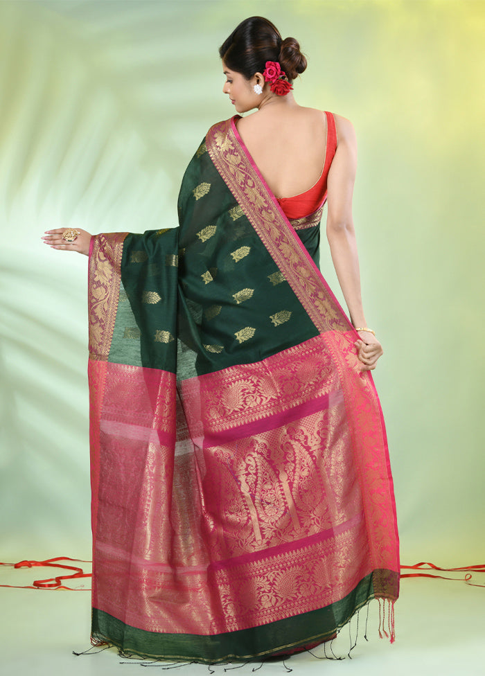 Bottle Green Pure Cotton Saree With Blouse Piece