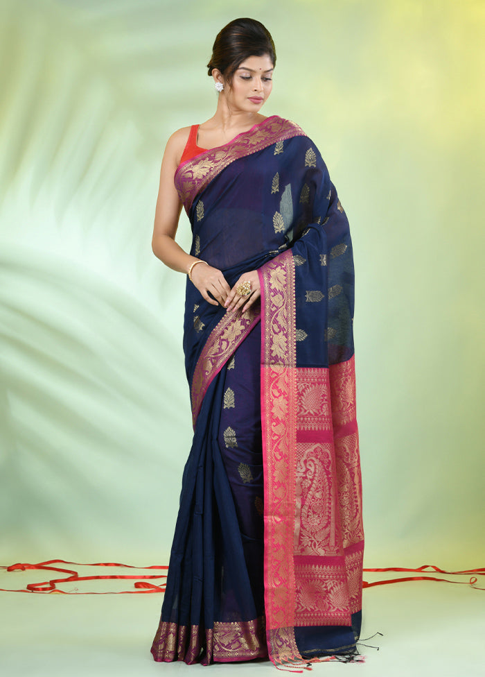 Navy Blue Pure Cotton Saree With Blouse Piece