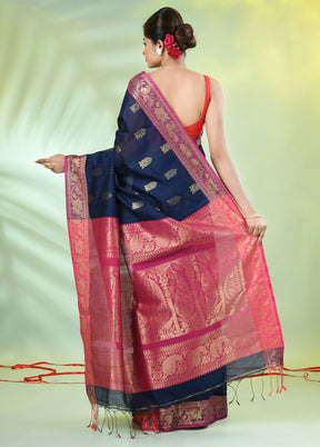 Navy Blue Pure Cotton Saree With Blouse Piece