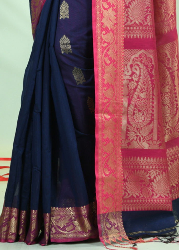 Navy Blue Pure Cotton Saree With Blouse Piece