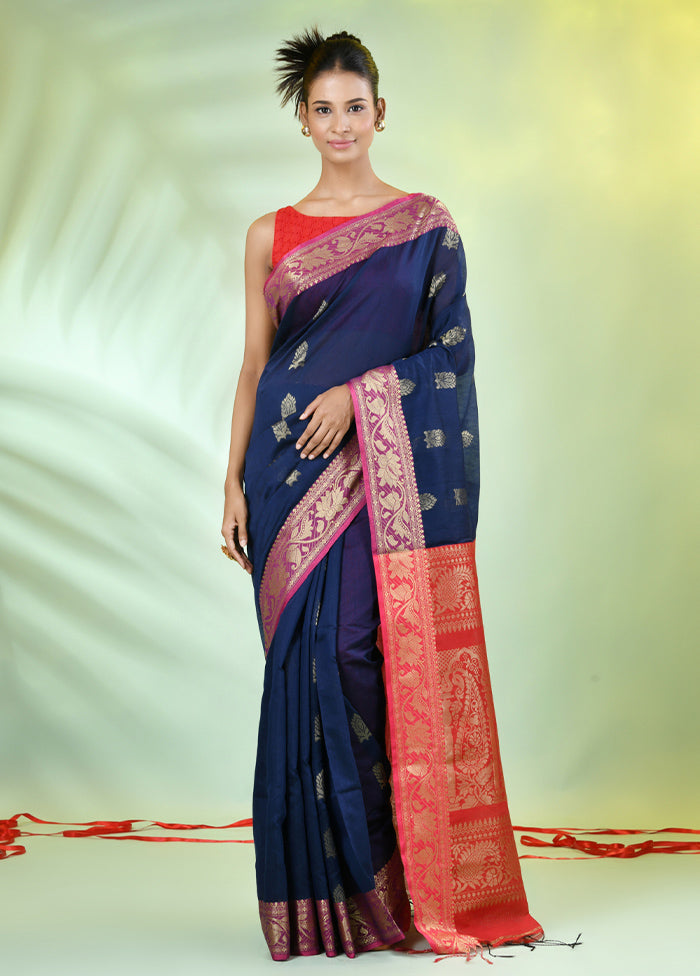 Navy Blue Pure Cotton Saree With Blouse Piece