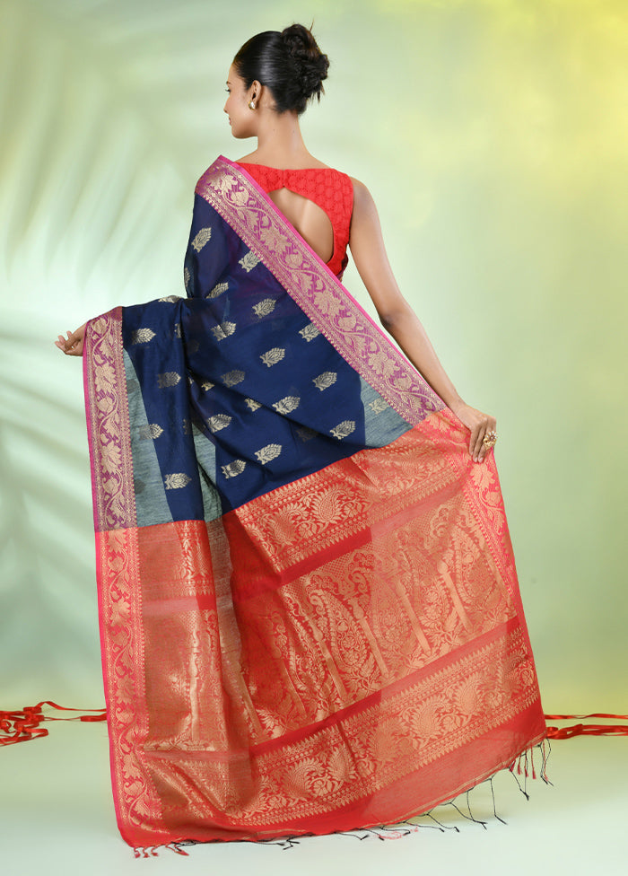 Navy Blue Pure Cotton Saree With Blouse Piece