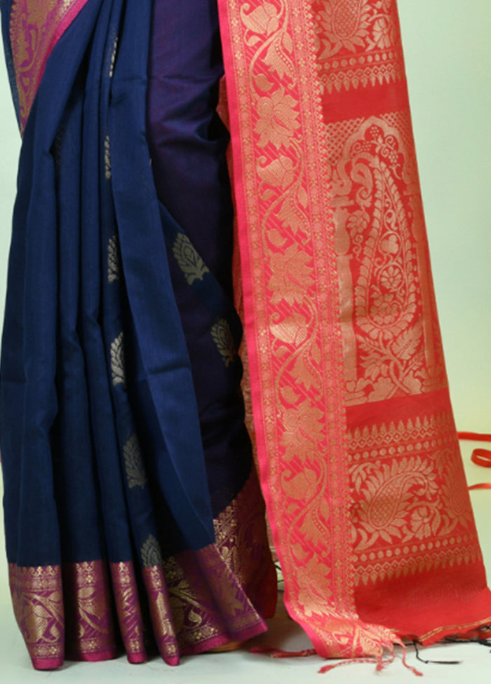 Navy Blue Pure Cotton Saree With Blouse Piece