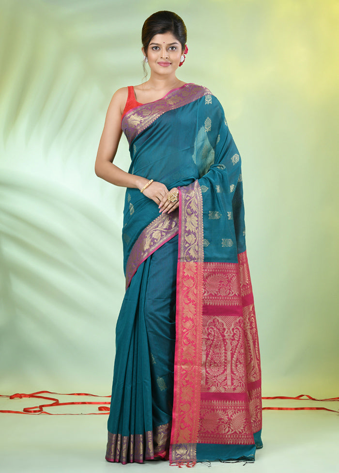 Teal Pure Cotton Saree With Blouse Piece