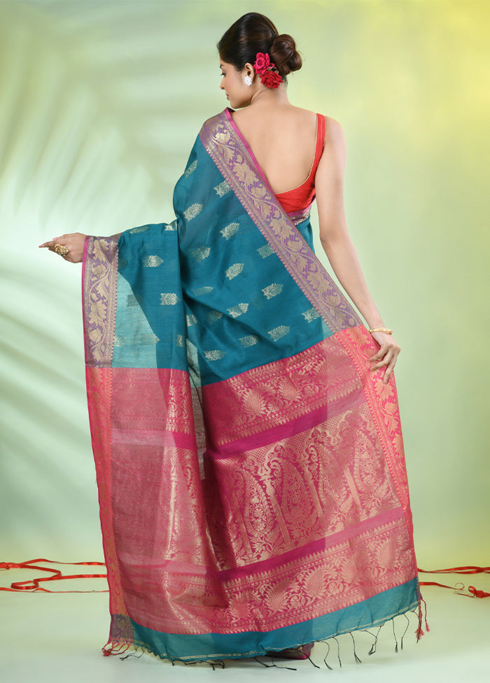 Teal Pure Cotton Saree With Blouse Piece