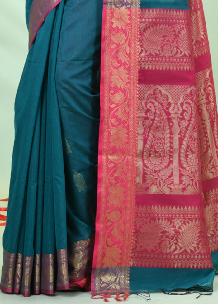 Teal Pure Cotton Saree With Blouse Piece