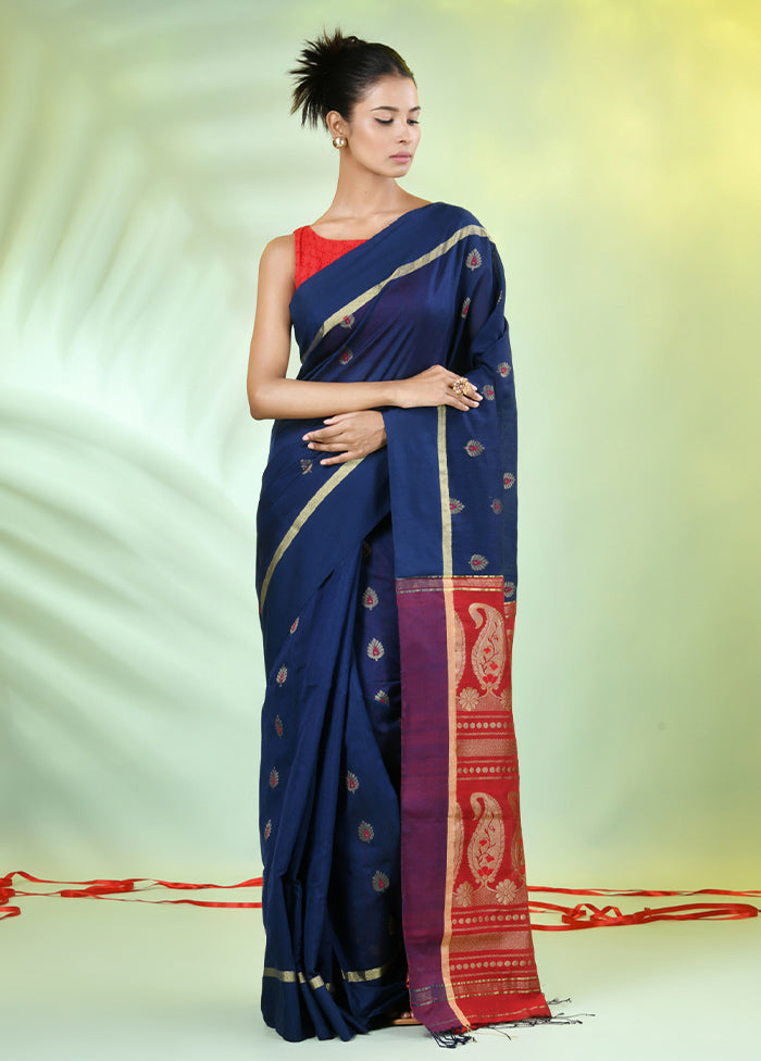 Navy Blue Pure Cotton Saree With Blouse Piece