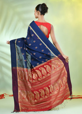 Navy Blue Pure Cotton Saree With Blouse Piece