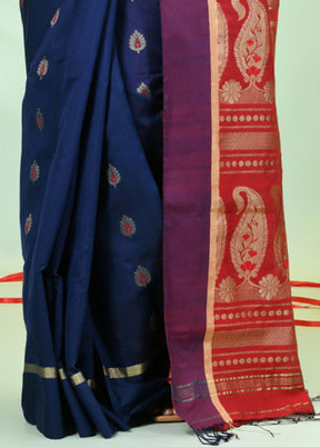 Navy Blue Pure Cotton Saree With Blouse Piece