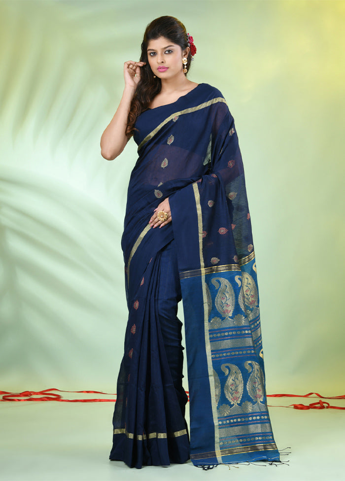 Navy Blue Pure Cotton Saree With Blouse Piece