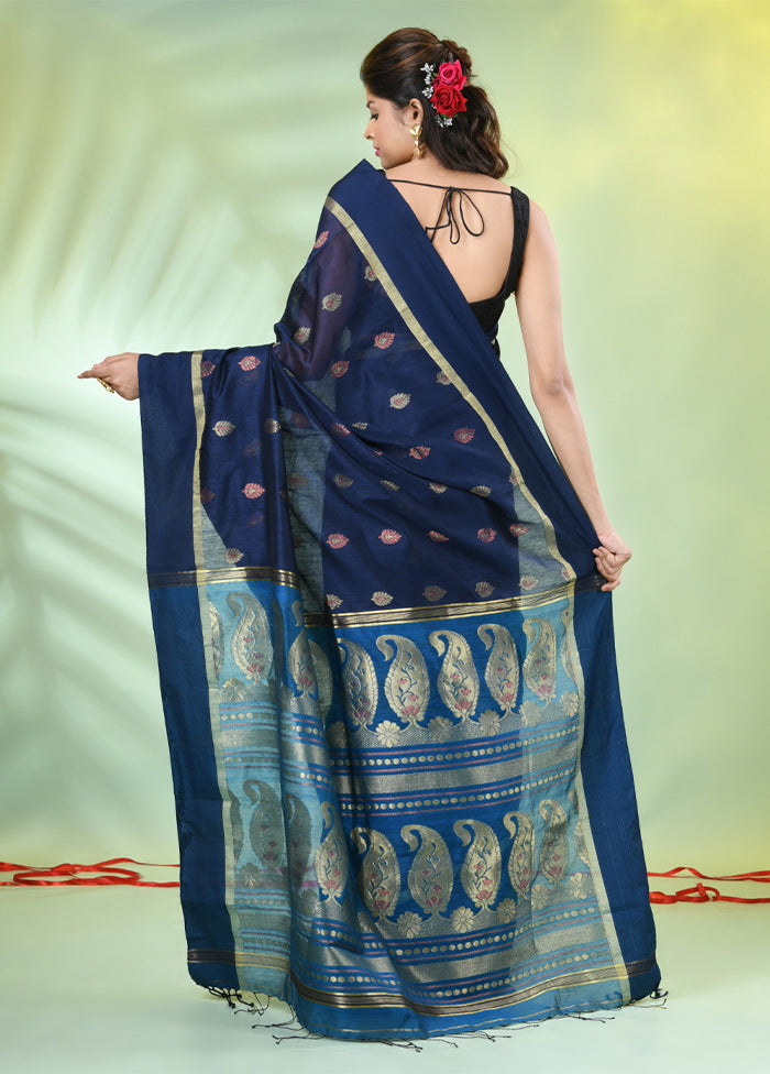 Navy Blue Pure Cotton Saree With Blouse Piece