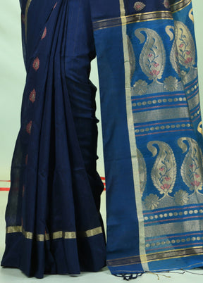 Navy Blue Pure Cotton Saree With Blouse Piece