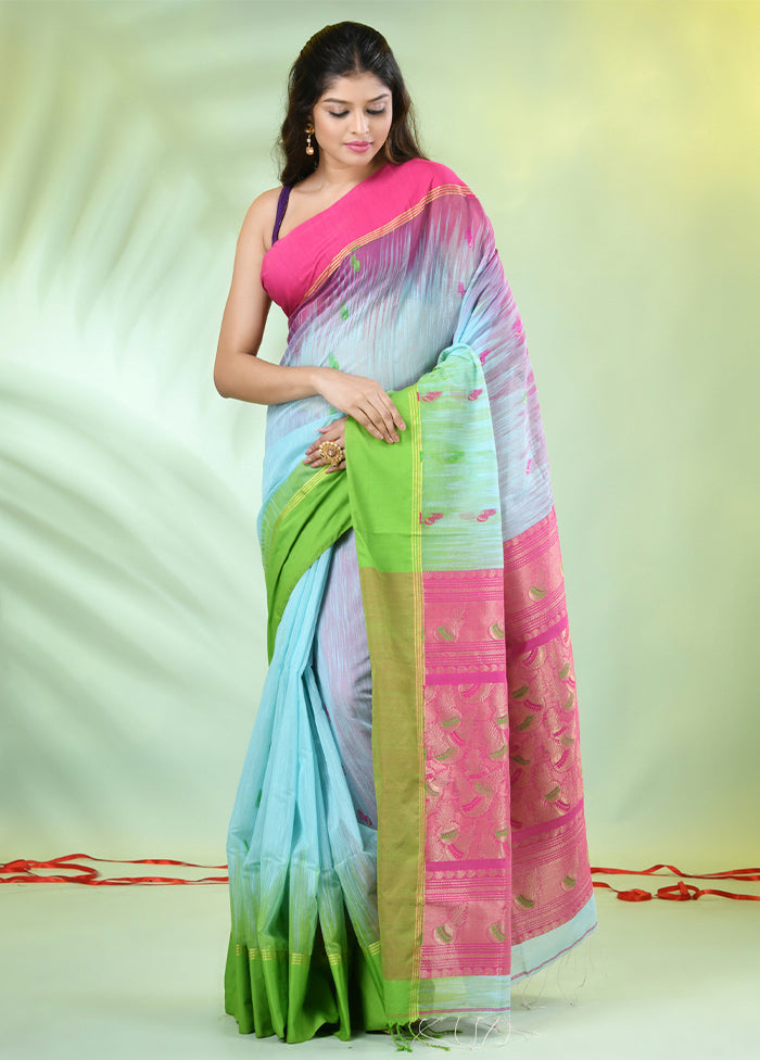 Sea Green Pure Cotton Saree With Blouse Piece