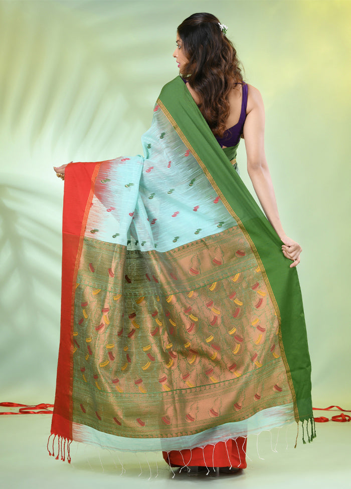 Sea Green Pure Cotton Saree With Blouse Piece