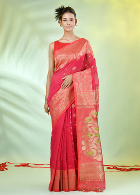 Hot Pink Pure Cotton Saree With Blouse Piece