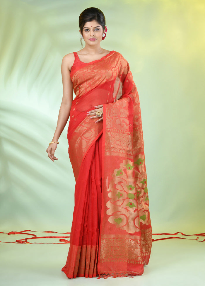 Red Pure Cotton Saree With Blouse Piece