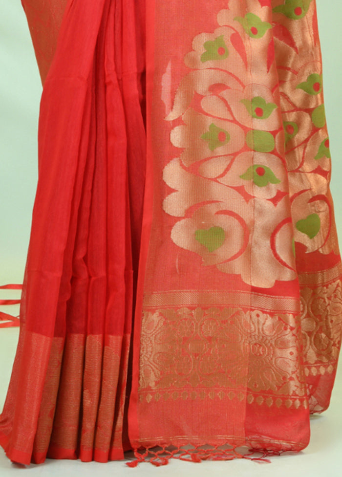 Red Pure Cotton Saree With Blouse Piece