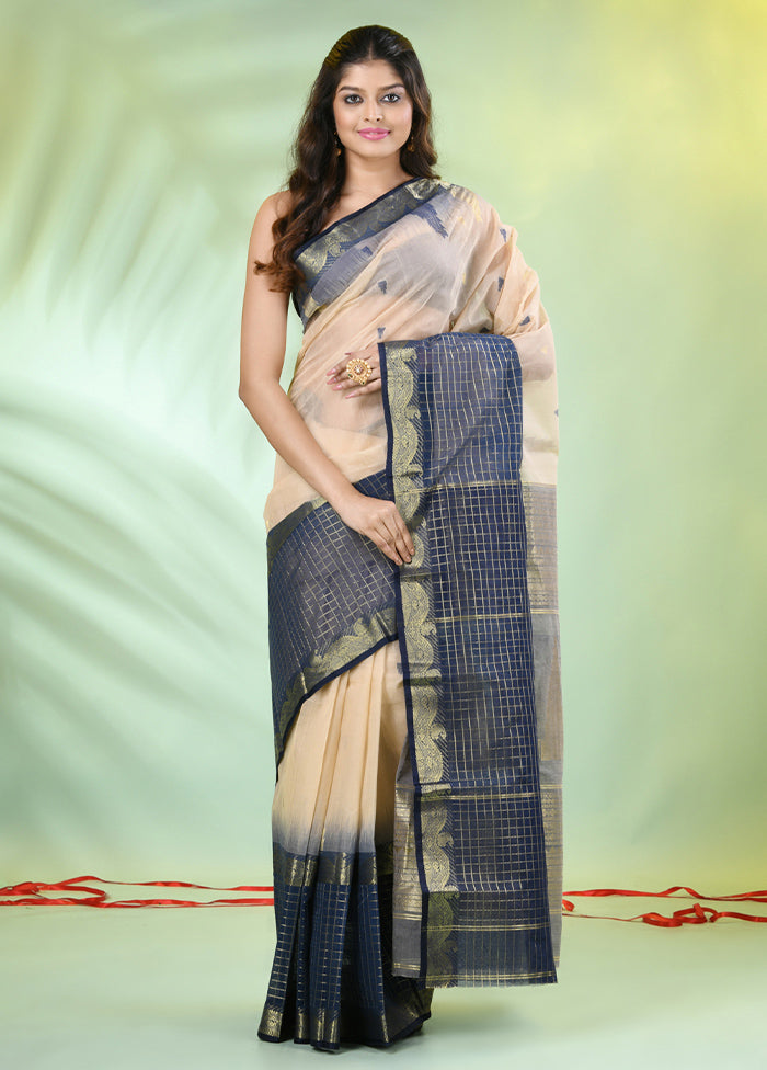 Beige Pure Cotton Texture Motifs Woven Saree Without Blouse Piece