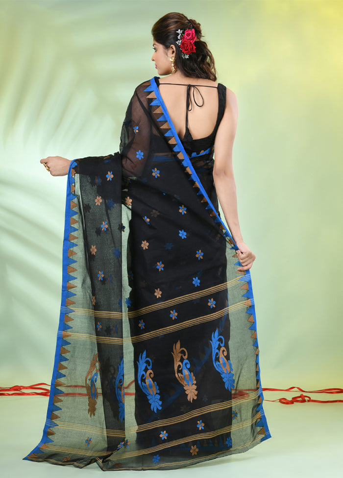 Black Cotton Floral Handwoven Saree Without Blouse Piece