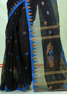 Black Cotton Floral Handwoven Saree Without Blouse Piece