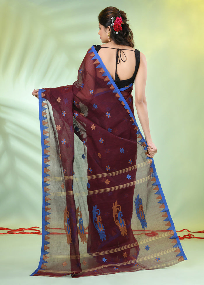 Maroon Cotton Floral Handwoven Saree Without Blouse Piece