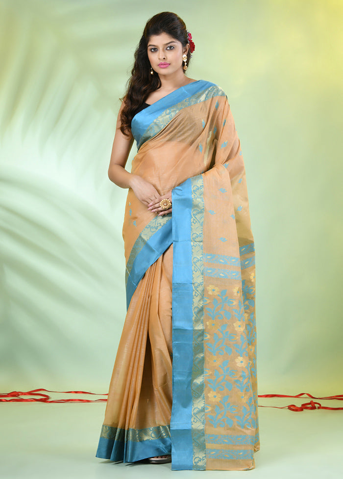 Beige Tussar Silk Texture Motifs Woven Saree Without Blouse Piece