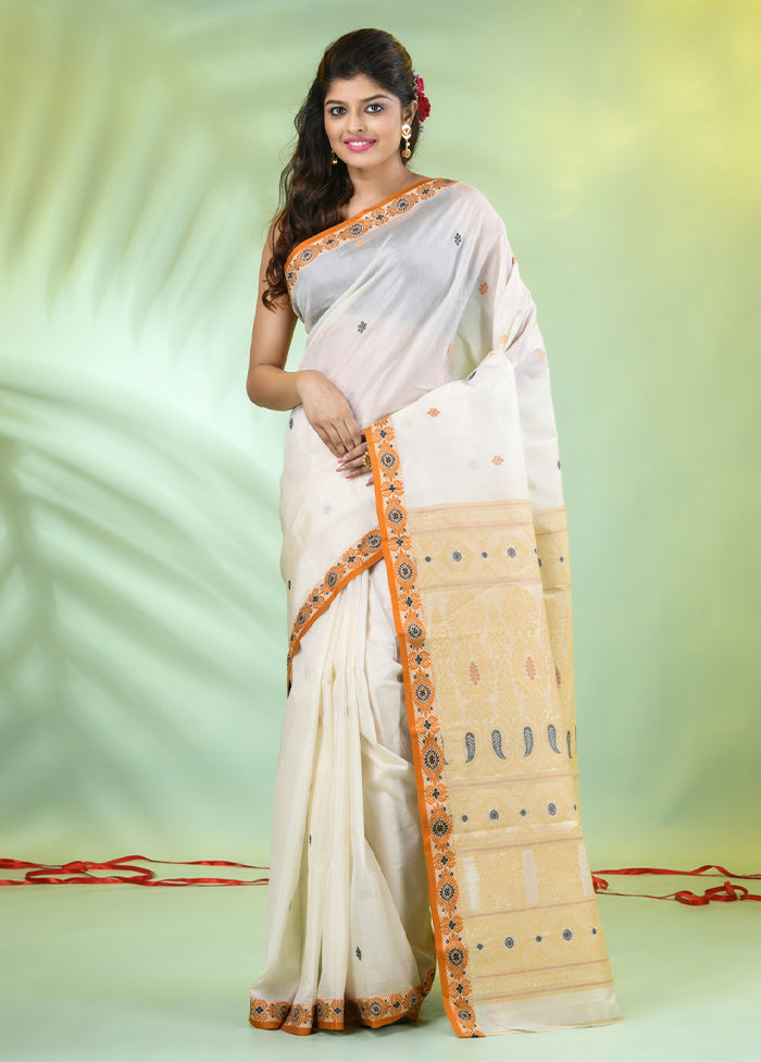 Off White Tussar Silk Texture Motifs Woven Saree Without Blouse Piece