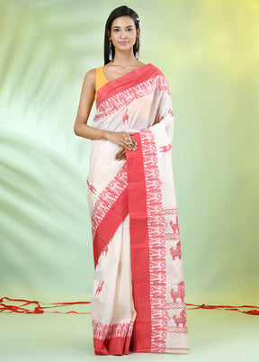 Off White Tussar Pure Silk Horse Motifs Woven Saree Without Blouse Piece