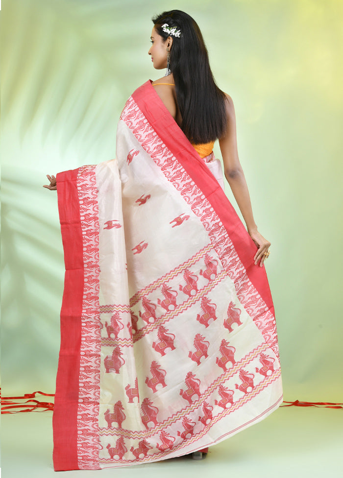 Off White Tussar Pure Silk Horse Motifs Woven Saree Without Blouse Piece