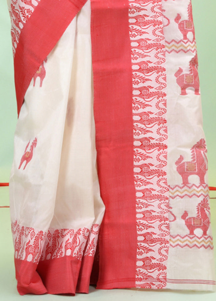 Off White Tussar Pure Silk Horse Motifs Woven Saree Without Blouse Piece