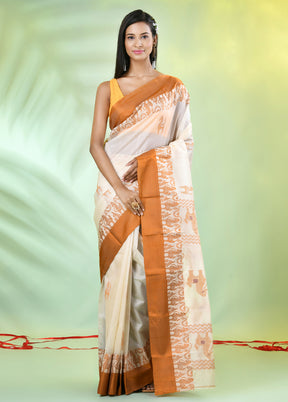 Off White Tussar Pure Silk Horse Motifs Woven Saree Without Blouse Piece