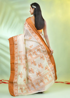 Off White Tussar Pure Silk Horse Motifs Woven Saree Without Blouse Piece